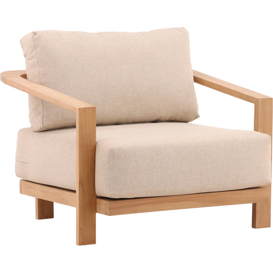 Redford Outdoor Sofa Chair by Arch & Plane in sand, natural. Made from outdoor heavy linen fabric, teak wood in a unique style.