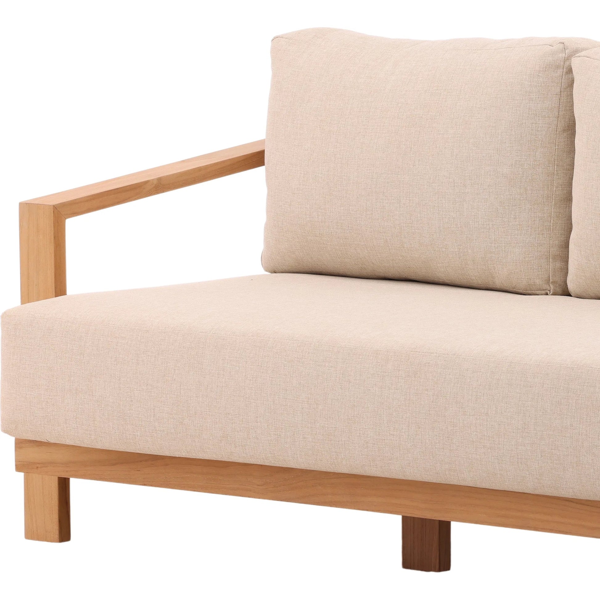Beth Outdoor Sofa by Arch & Plane in sand, natural. Made from outdoor heavy linen fabric, teak wood in a transitional style.