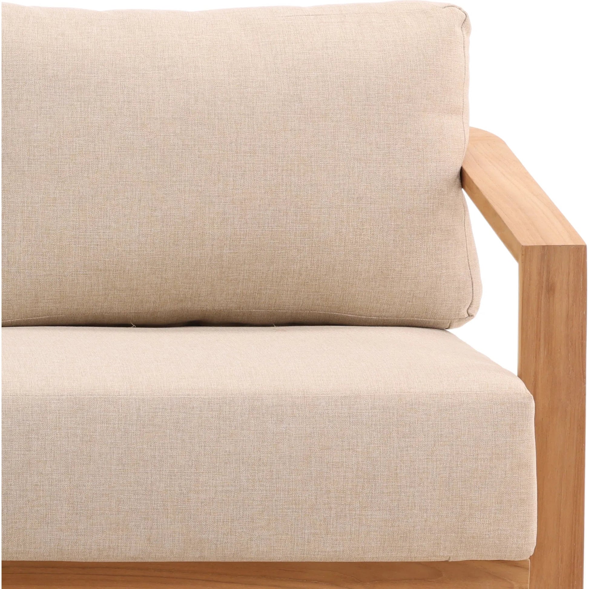 Beth Outdoor Sofa by Arch & Plane in sand, natural. Made from outdoor heavy linen fabric, teak wood in a transitional style.