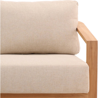 Beth Outdoor Sofa by Arch & Plane in sand, natural. Made from outdoor heavy linen fabric, teak wood in a transitional style.