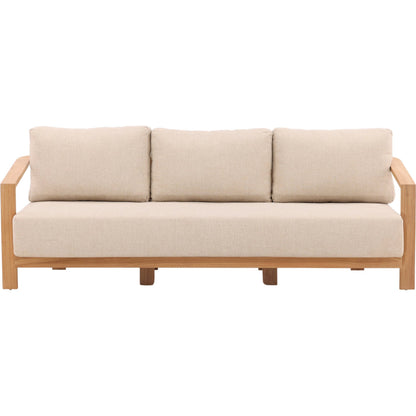 Beth Outdoor Sofa by Arch & Plane in sand, natural. Made from outdoor heavy linen fabric, teak wood in a transitional style.