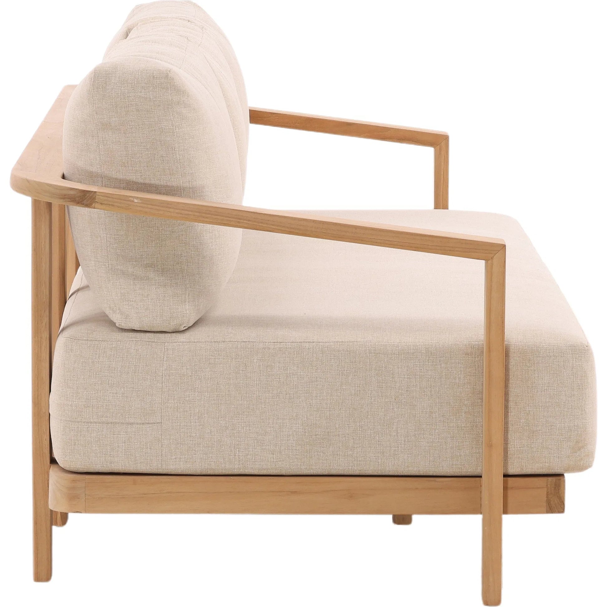Beth Outdoor Sofa by Arch & Plane in sand, natural. Made from outdoor heavy linen fabric, teak wood in a transitional style.