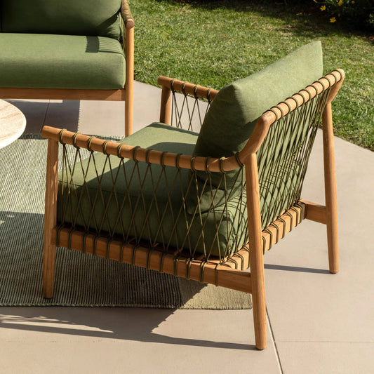 Tahoe Outdoor Sofa Chair by Arch & Plane in green, natural. Made from outdoor canvas fabric, teak wood in a unique style.