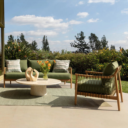 Tahoe Outdoor Sofa by Arch & Plane in green, natural. Made from outdoor canvas fabric, teak wood in a unique style.