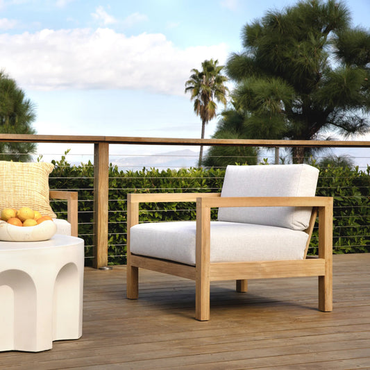 Terese Teak Outdoor Lounge Chair by Arch & Plane in light grey, natural teak. Made from solution, dyed acrylic upholstery, teak wood in a unique style.