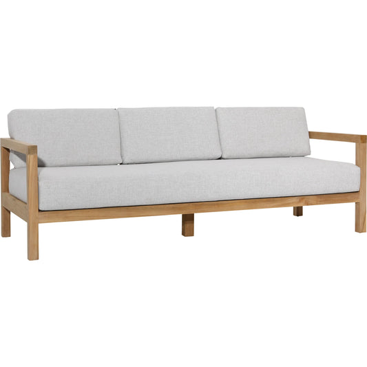 Terese Teak Outdoor Sofa by Arch & Plane in light grey, natural teak. Made from solution, dyed acrylic upholstery, teak wood frame in a unique style.
