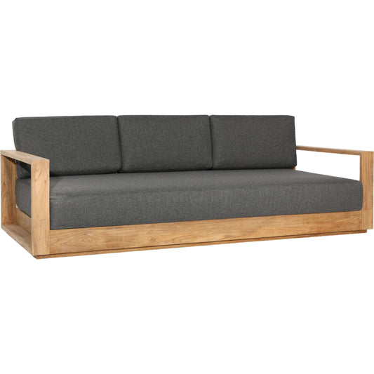 Kaycee Outdoor Gray Upholstered Teak Sofa by Arch & Plane in charcoal, natural teak. Made from solution, dyed acrylic upholstery, teak wood in a unique style.