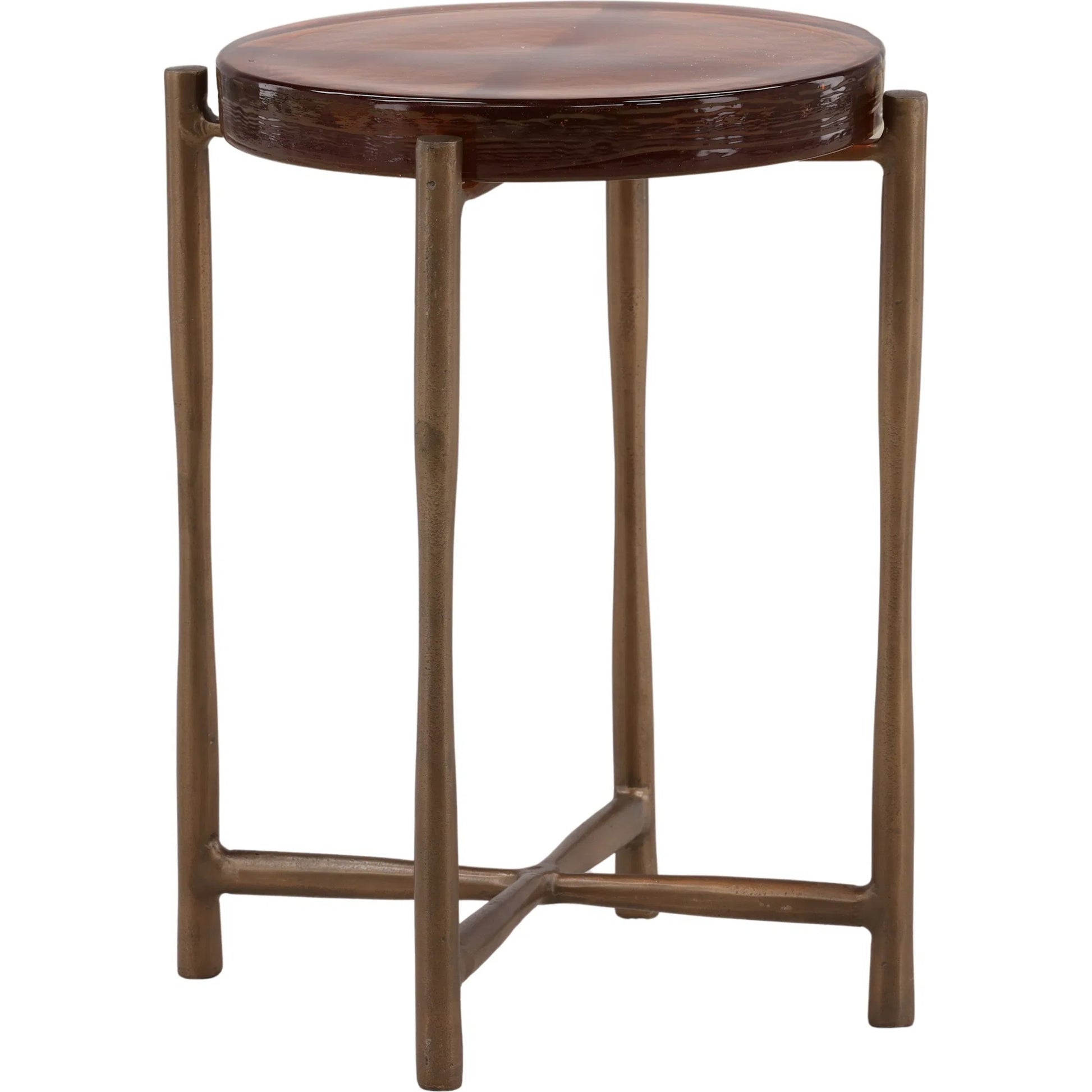 Garret Side Table by Arch & Plane in rust, antique brass. Made from aluminum, glass in a modern style.
