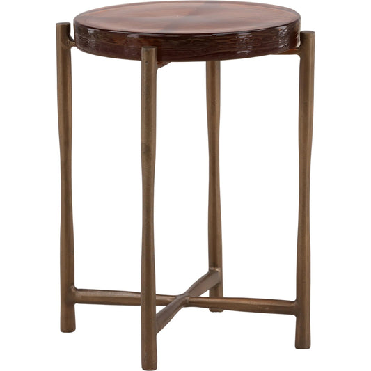 Jovanna Side Table by Arch & Plane in rust, antique brass. Made from aluminum, glass in a unique style.