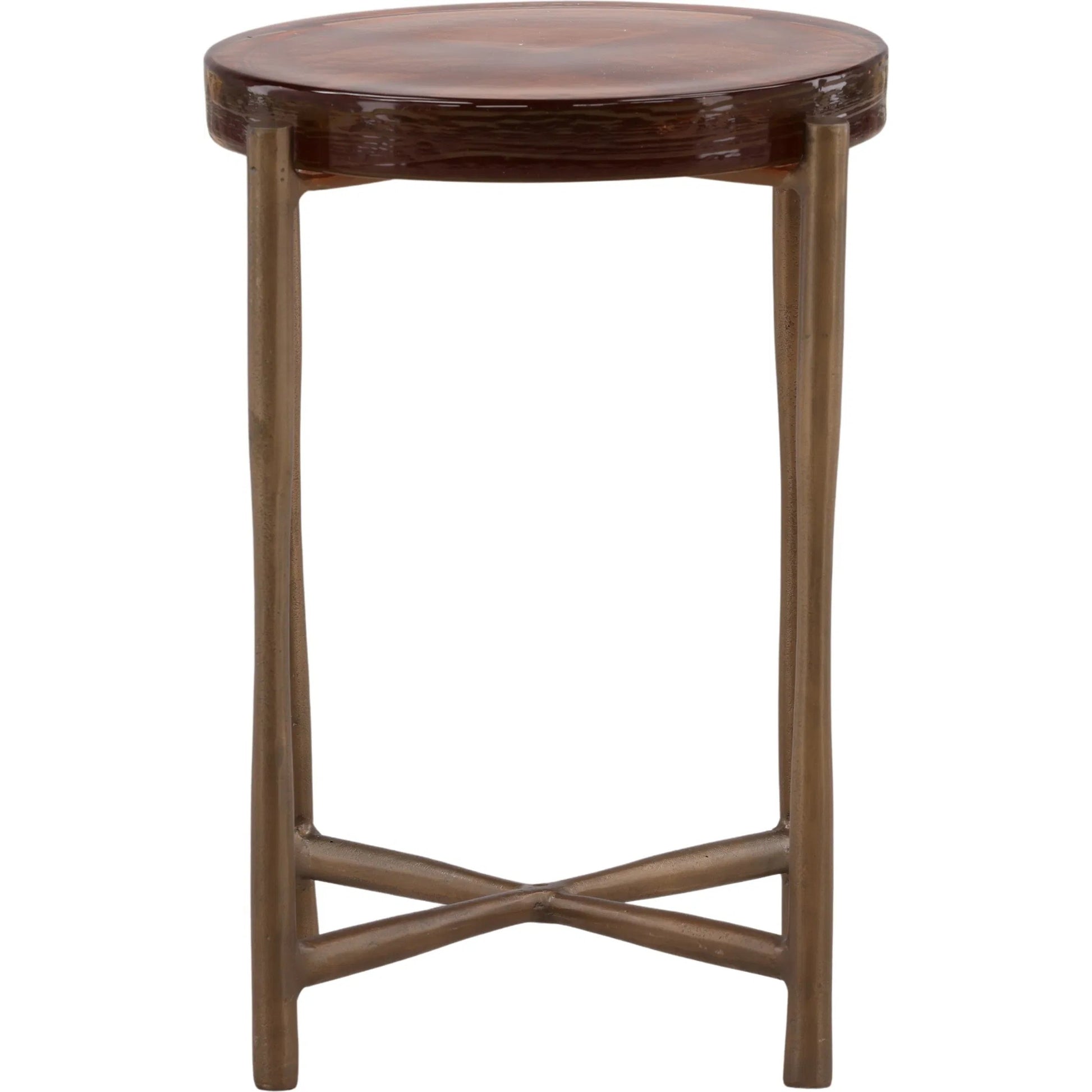 Garret Side Table by Arch & Plane in rust, antique brass. Made from aluminum, glass in a modern style.