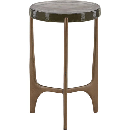 Mildred Side Table by Arch & Plane in antique brass. Made from glass, aluminum in a modern style.