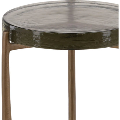 Mildred Side Table by Arch & Plane in antique brass. Made from glass, aluminum in a modern style.