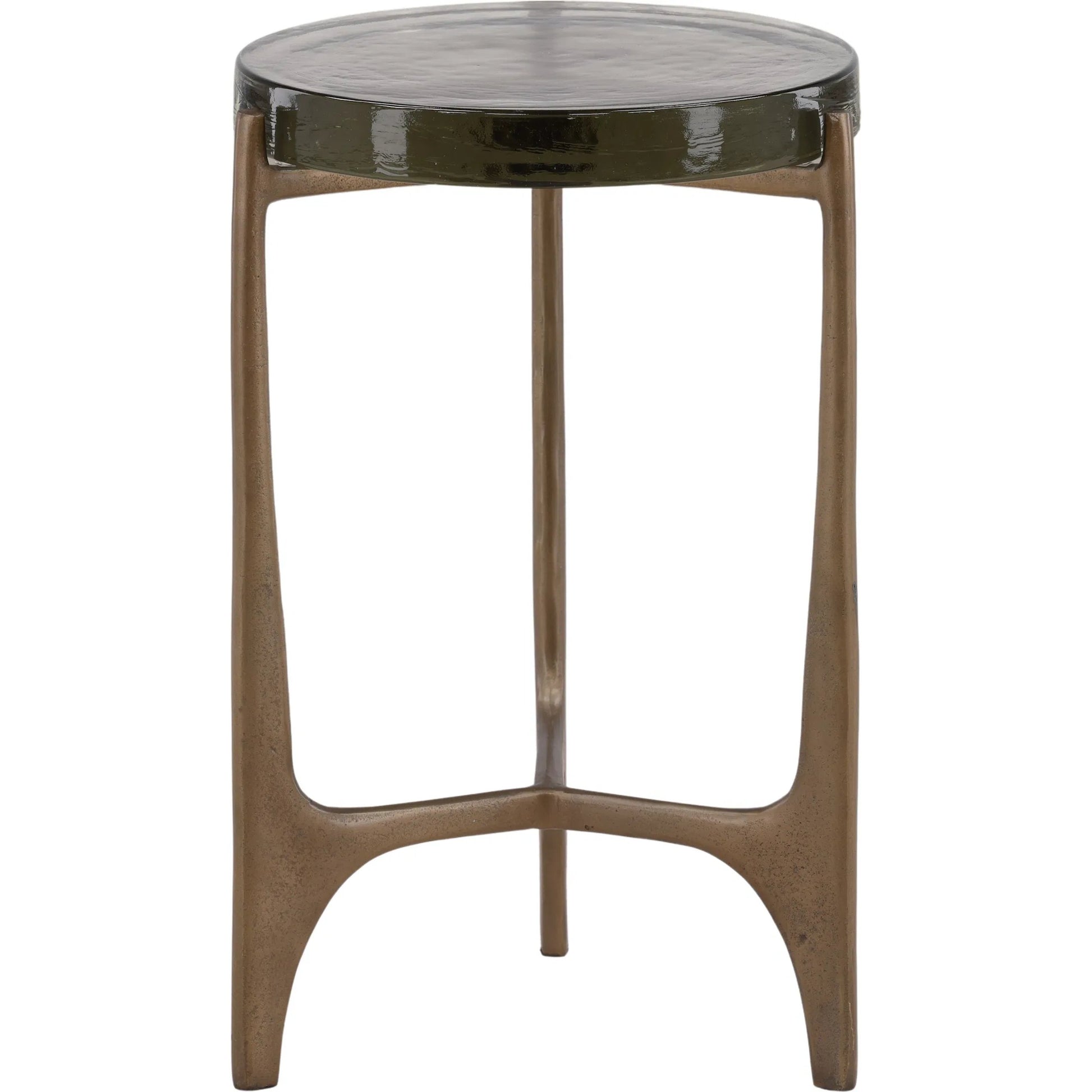 Mildred Side Table by Arch & Plane in antique brass. Made from glass, aluminum in a modern style.