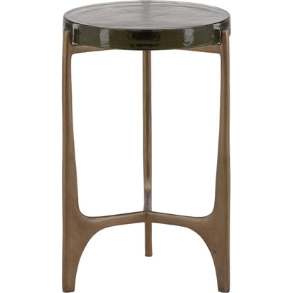 Mildred Side Table by Arch & Plane in antique brass. Made from glass, aluminum in a modern style.