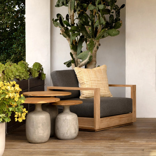 Darlene Outdoor Sofa Chair by Arch & Plane. Made from solution-dyed acrylic upholstery, teak wood frame in a unique style.