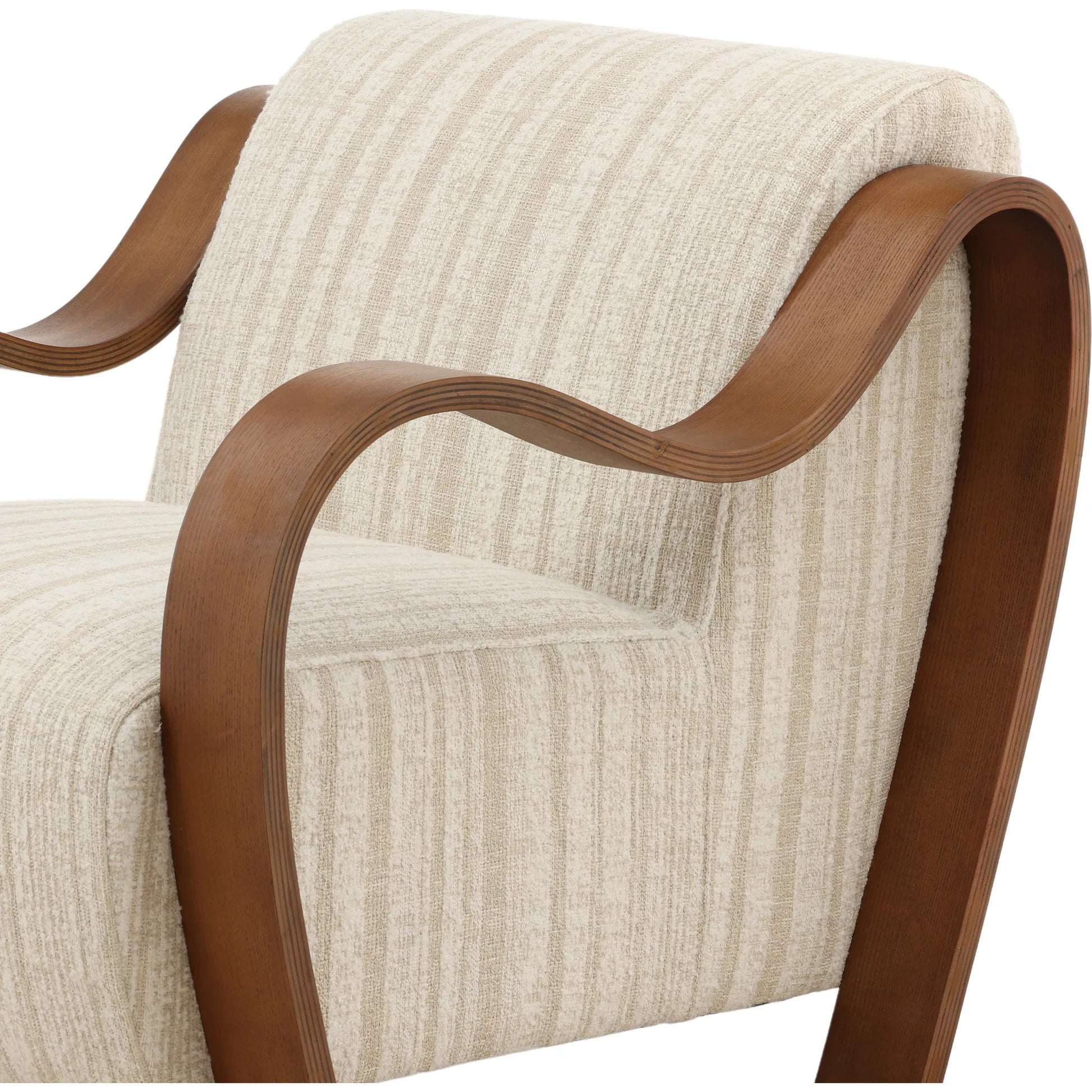 Estevan Occasional Chair Cream by Arch & Plane in agate cream, brown. Made from textured striped chenille, oak wood in a transitional style.