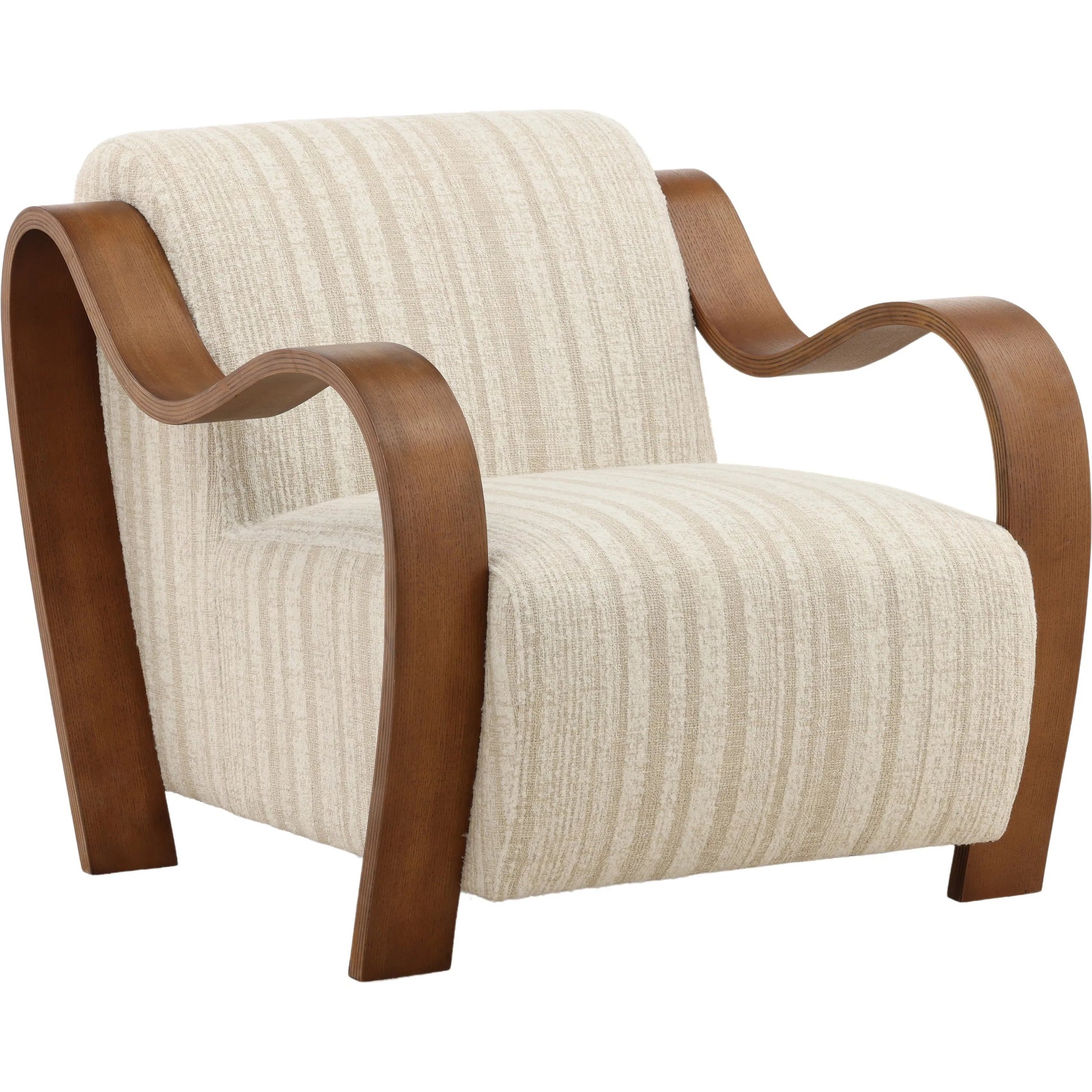 Estevan Occasional Chair Cream by Arch & Plane in agate cream, brown. Made from textured striped chenille, oak wood in a transitional style.