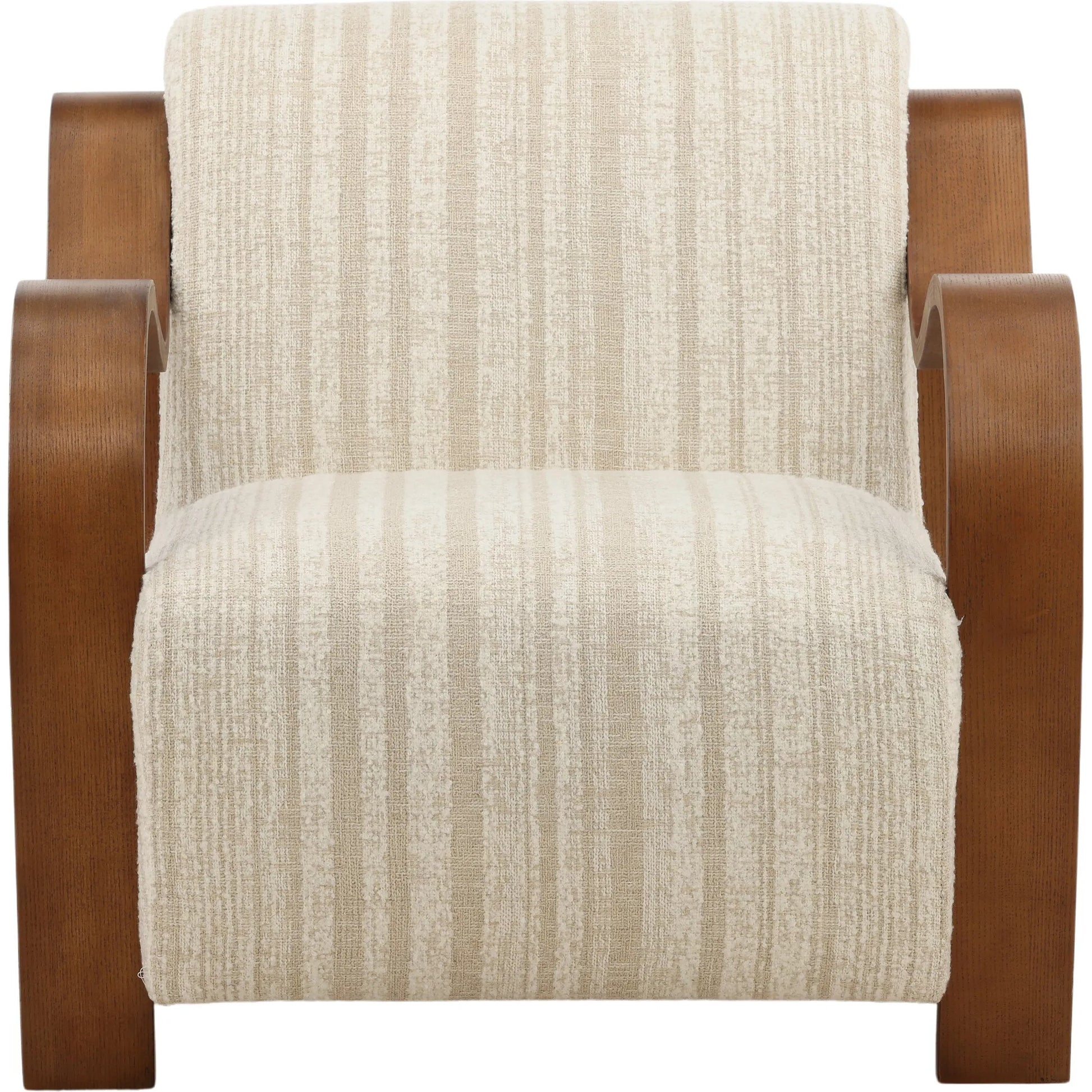 Estevan Occasional Chair Cream by Arch & Plane in agate cream, brown. Made from textured striped chenille, oak wood in a transitional style.