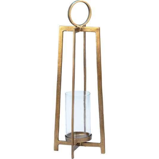 Cordelia Lantern by Arch & Plane in antique brass. Made from aluminum, glass in a unique style.