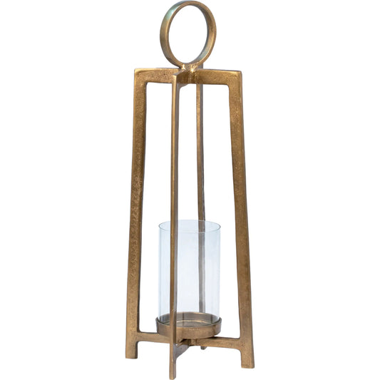 Cordelia Lantern by Arch & Plane in antique brass. Made from aluminum, glass in a unique style.