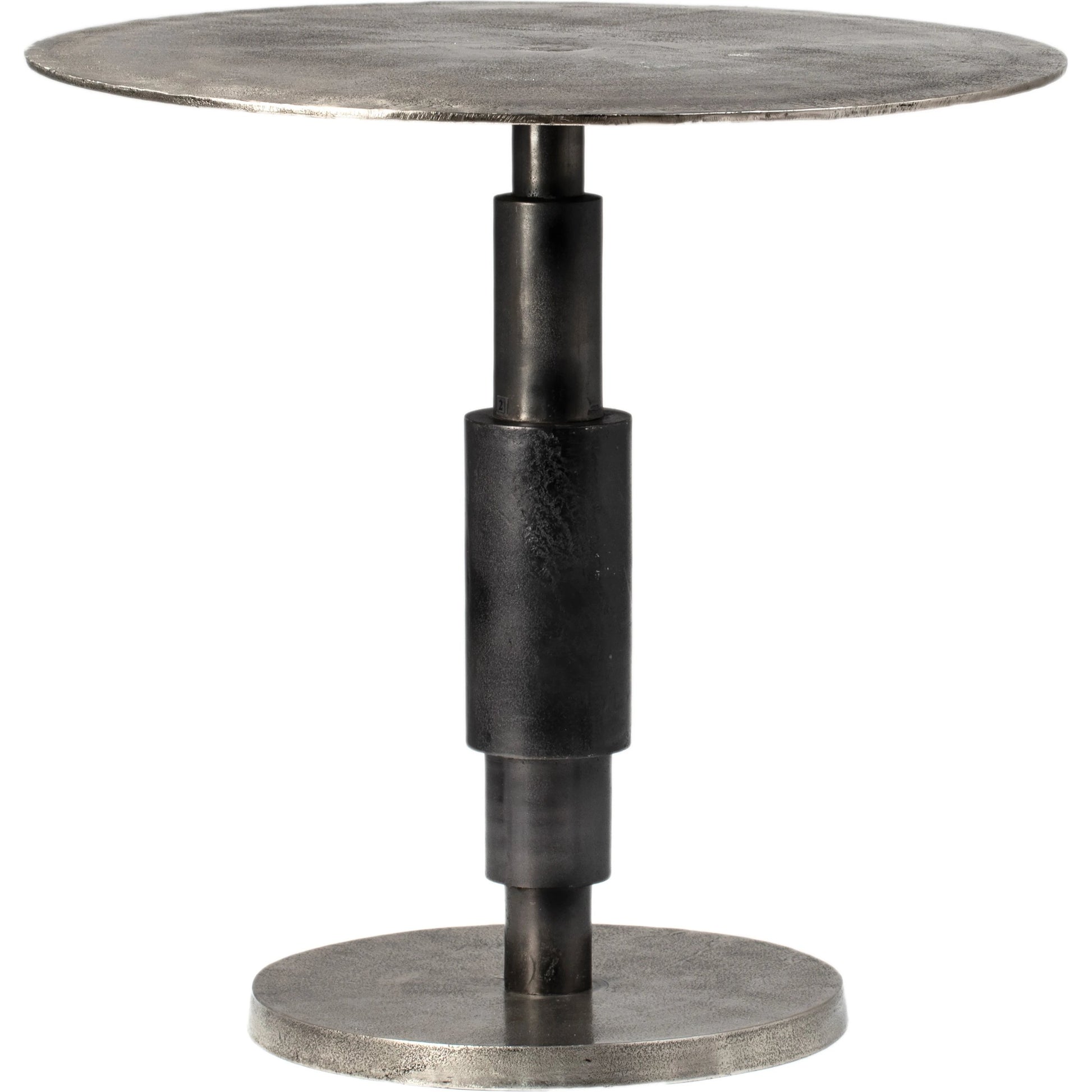 Blake Industrial Bistro Table by Arch & Plane in silver and raw nickel with black patina finish. Made from cast aluminum in a modern style.