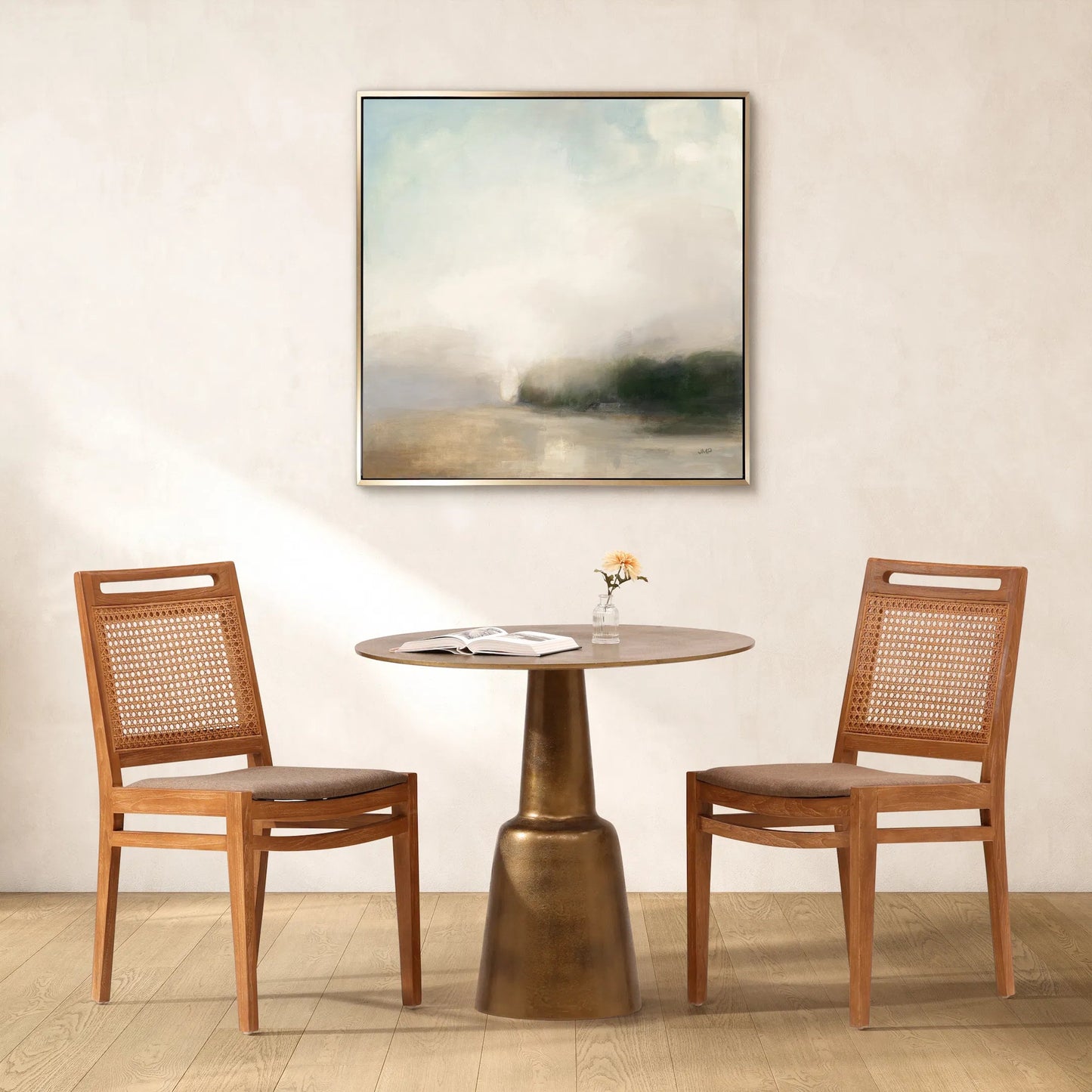 005 SI-1924582 | Lifestyle | Evie Antique Brass Pedestal Bistro Table by Arch & Plane in antique brass. Made from cast aluminum in a modern style.