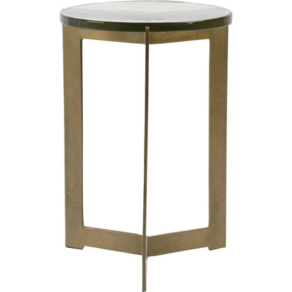 Aretha Side Table by Arch & Plane in antique brass. Made from glass, aluminium in a modern style.