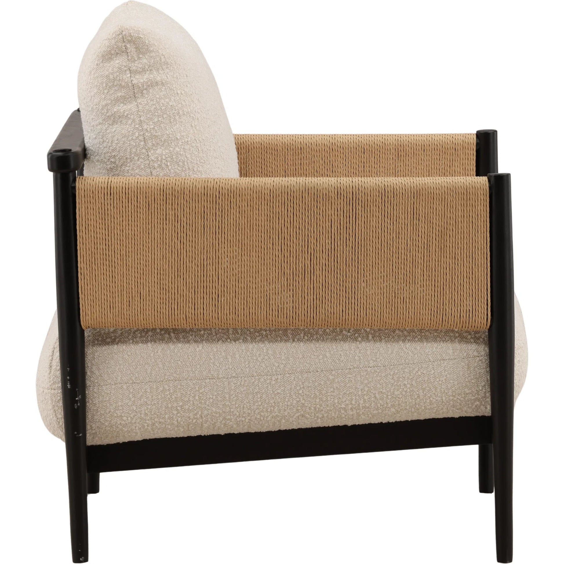 Hank Occasional Chair by Arch & Plane in cream, black. Made from boucle fabric, twisted rope, ash wood in a unique style.
