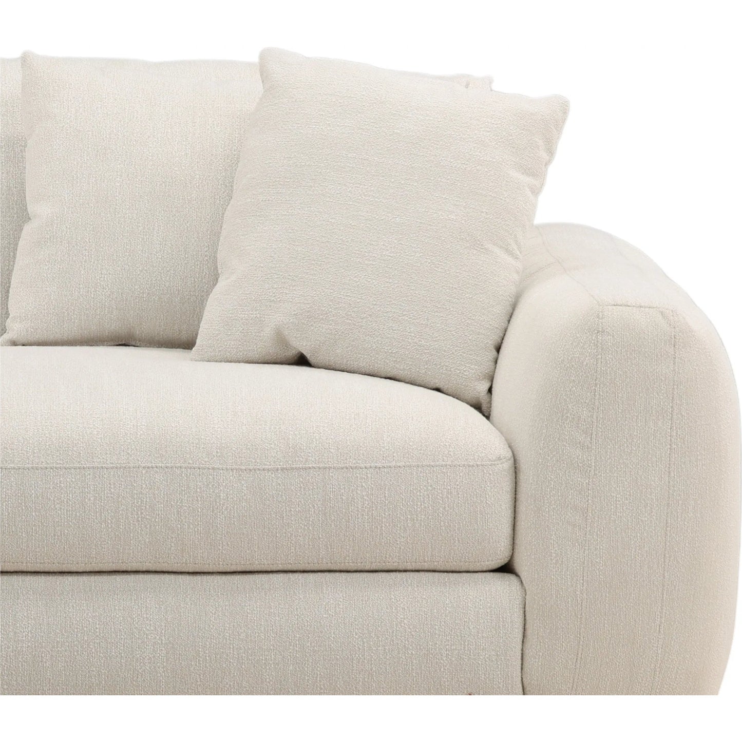 006 SI-2533086 | Closeup | Braedon Sofa by Arch & Plane in naples cream. Made from micro boucle fabric, rubber wood in a unique style.