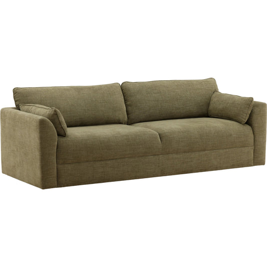 Elaina Sofa by Arch & Plane in topanga green. Made from two-tone basketweave fabric in a unique style.