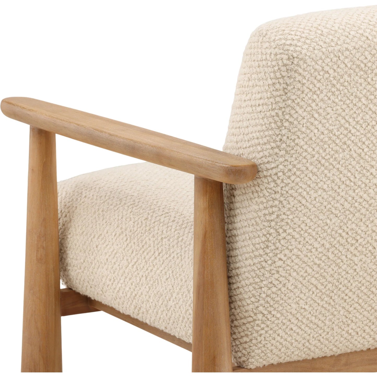 006 SI-2533100 | Closeup | Alfonzo Occasional Chair by Arch & Plane in cream, light natural. Made from boucle fabric, rubber wood in a unique style.