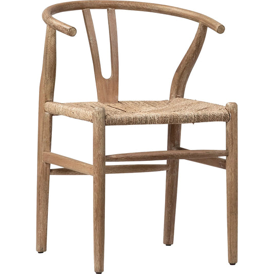 Chanda Oak and Woven Wicker Wishbone Back Dining Arm Chair by Arch & Plane in medium brown and woven. Made from oak in a cottage & farmhouse style.