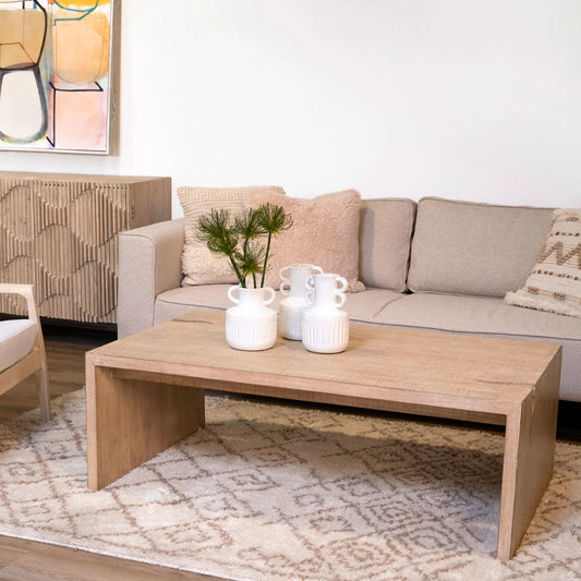 Evie Reclaimed Pine Waterfall Console Table by Arch & Plane in natural, brown and light warm wash sealed finish. Made from reclaimed pine wood in a modern style.