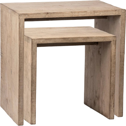 Reclaimed Pine Minimalist Nesting Tables by Arch & Plane in light brown, natural and light warm wash sealed finish. Made from reclaimed pine wood in a modern style.