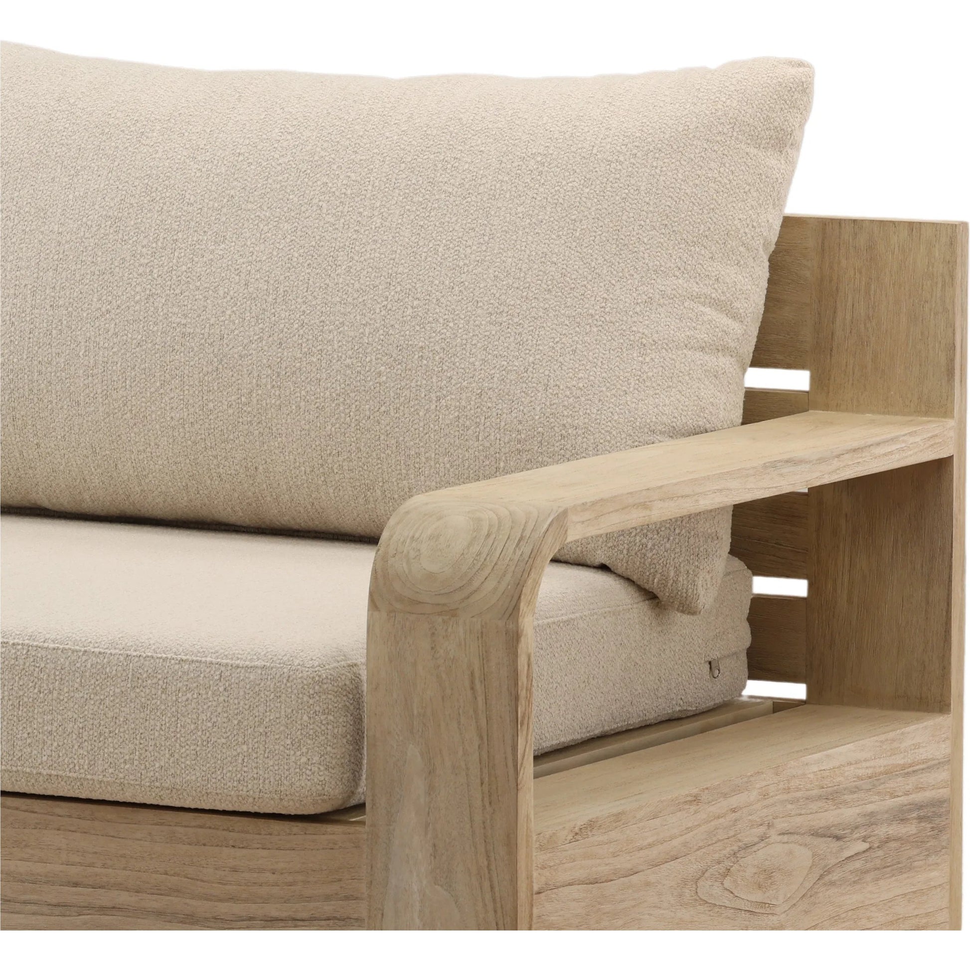 Cortney Outdoor Sofa by Arch & Plane in sand, grey. Made from olefin, teak wood in a unique style.
