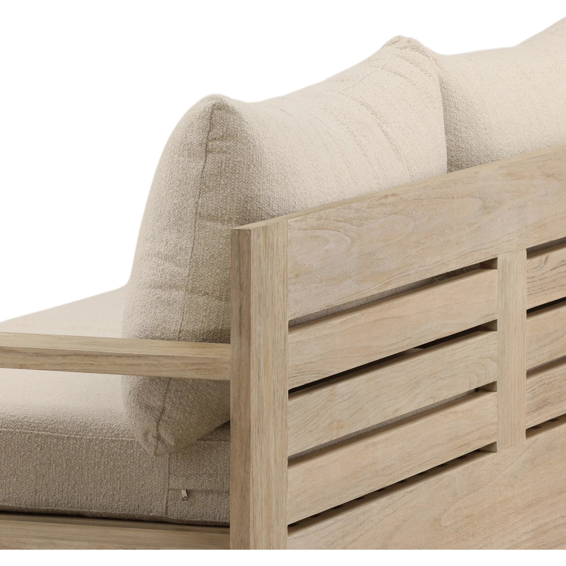 Cortney Outdoor Sofa by Arch & Plane in sand, grey. Made from olefin, teak wood in a unique style.