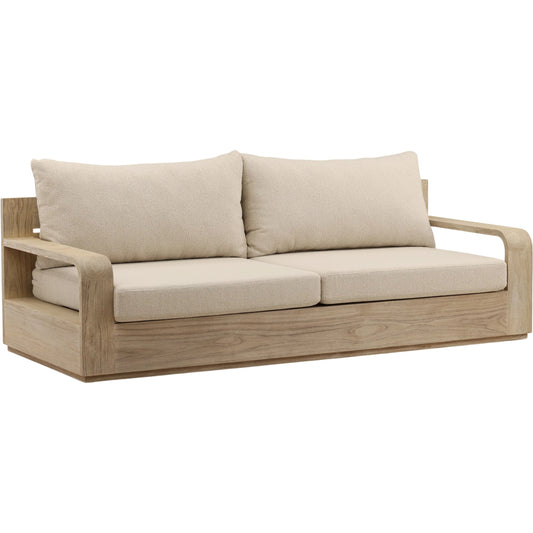 Cortney Outdoor Sofa by Arch & Plane in sand, grey. Made from olefin, teak wood in a unique style.