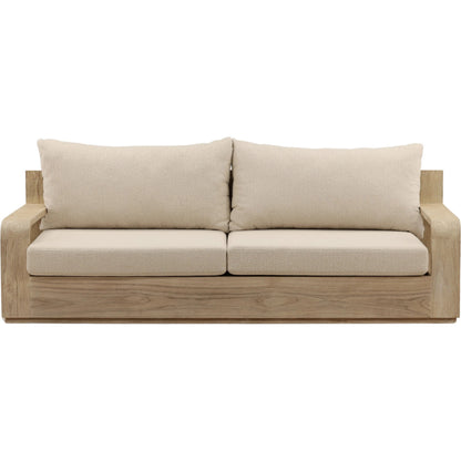 Cortney Outdoor Sofa by Arch & Plane in sand, grey. Made from olefin, teak wood in a unique style.