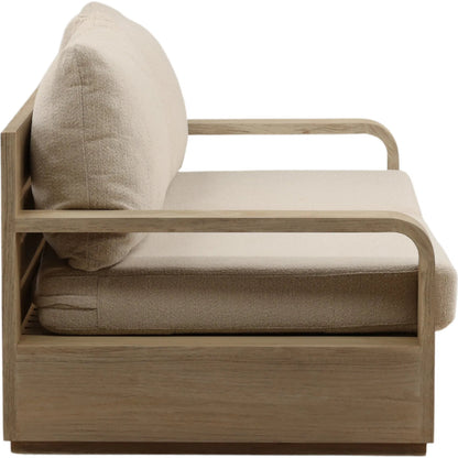 Cortney Outdoor Sofa by Arch & Plane in sand, grey. Made from olefin, teak wood in a unique style.