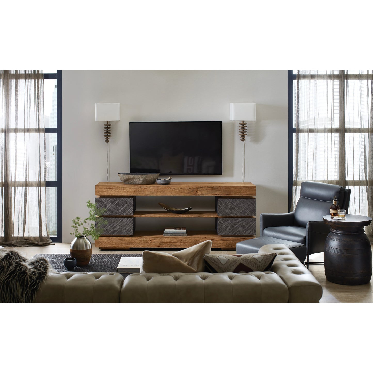001 SI-1959505 | Lifestyle | Big Sky 4-Drawer Entertainment Console by Hooker Furniture in furrowed bark. Made from pecky hickory veneers, resin, solid-wood edged top in a modern style.