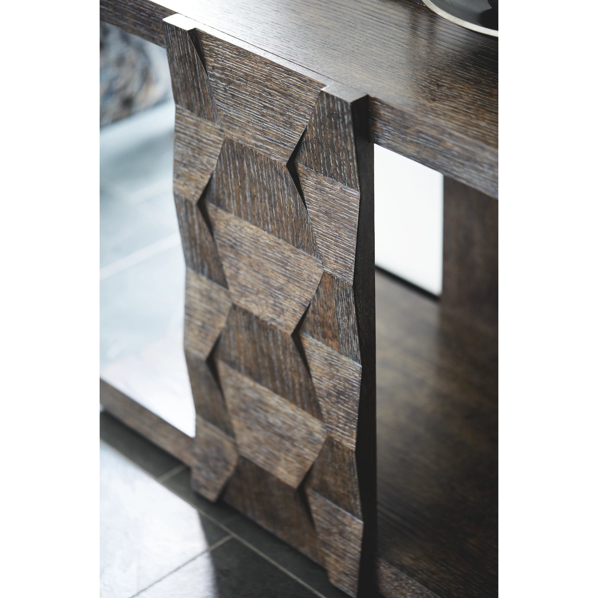 Linea End Table by Bernhardt in cerused charcoal. Made from white oak veneers in a unique style.