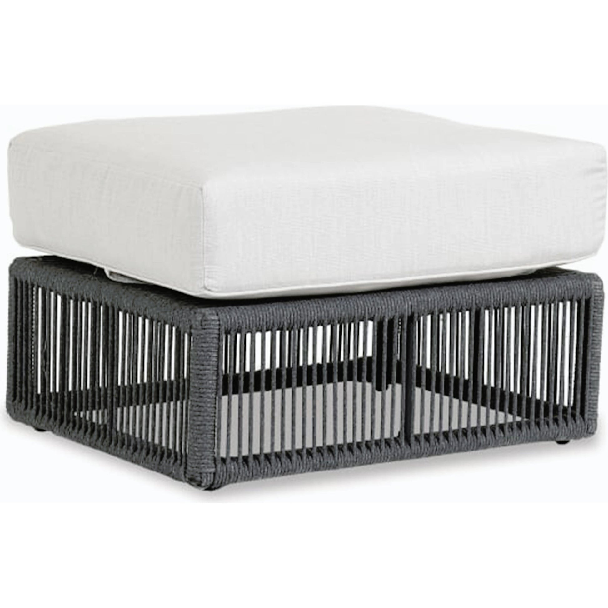 Milano Outdoor Ottoman by Sunset West in slate. Made from olefin rope in a coastal style.