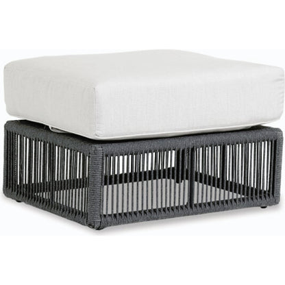 Milano Outdoor Ottoman by Sunset West in slate. Made from olefin rope in a coastal style.