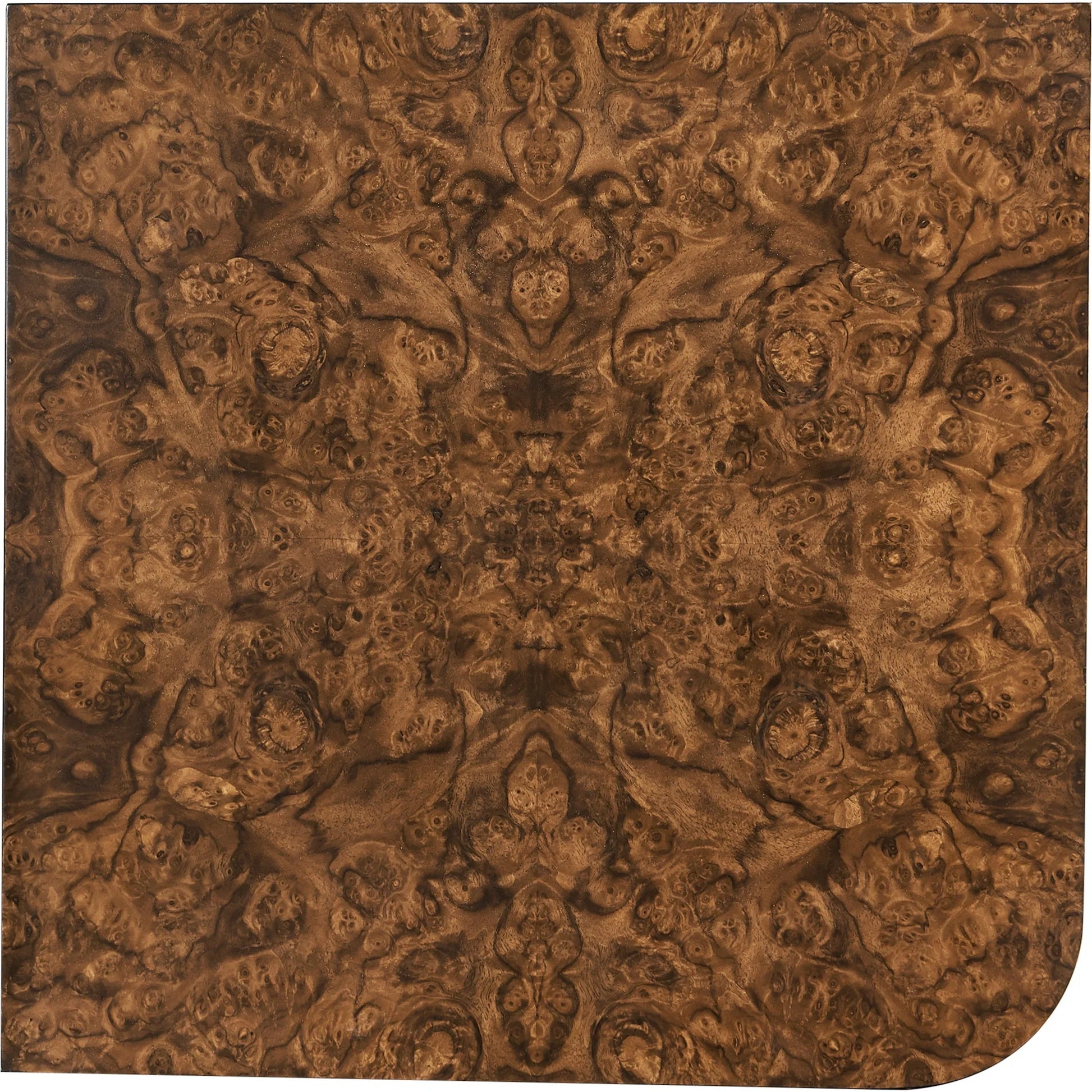 Jacques Radius End Table by Jonathan Charles in brown and walnut burl. Made from book match walnut burl veneer in a unique style.