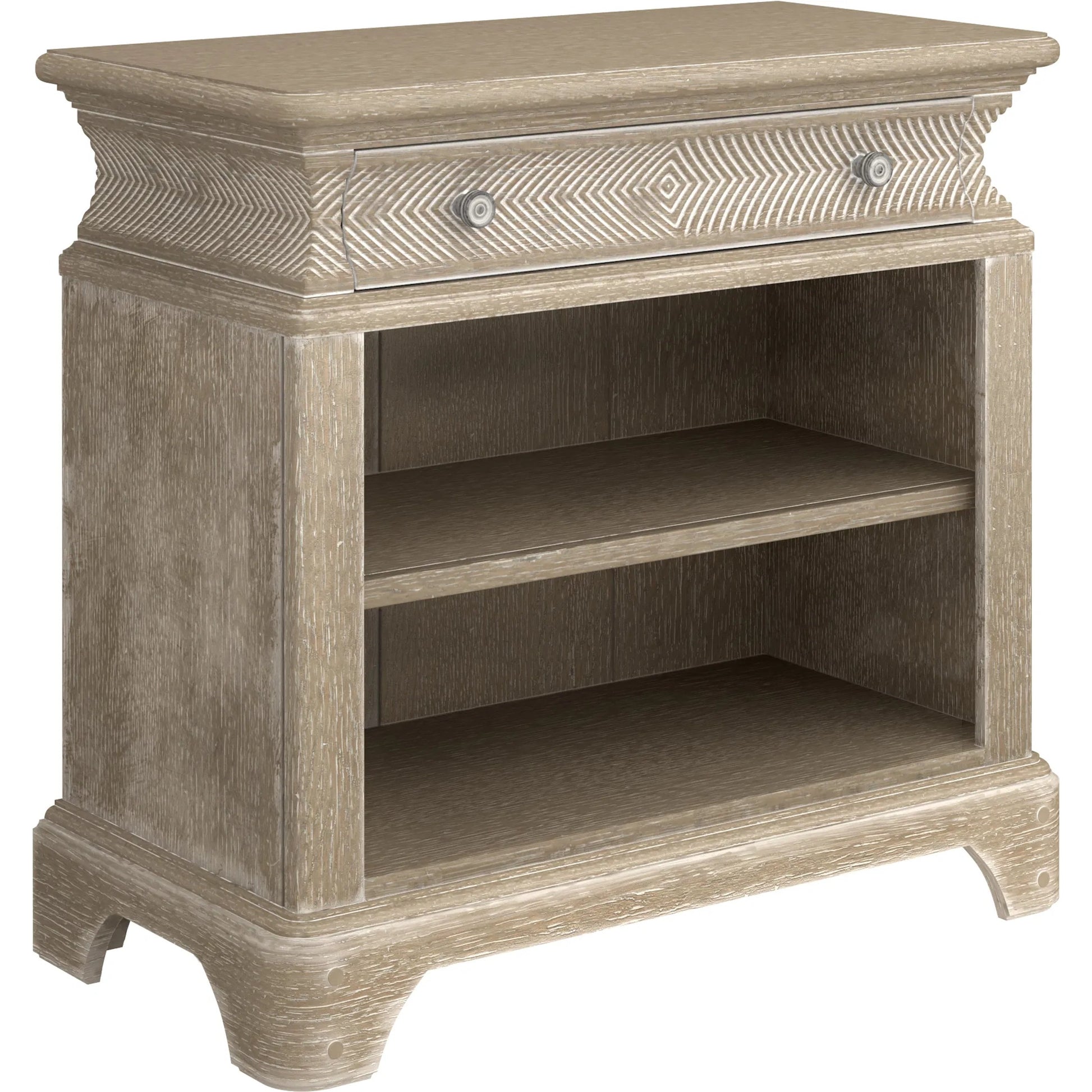 Summer Creek Open Nightstand by A.R.T. Furniture in scrubbed oak. Made from flakey cathedral oak veneer, parawood solids in a traditional style.
