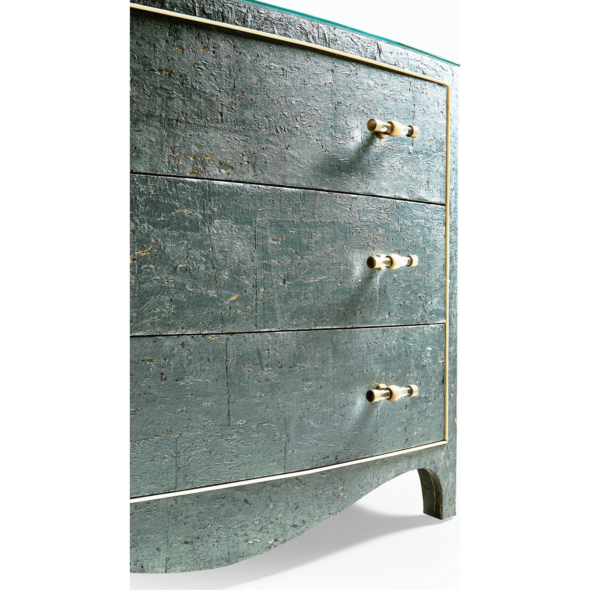 Suberin Cork Bow Front Chest by Jonathan Charles in blue and teal cork wallpaper. Made from beech wood, cork in a modern style.