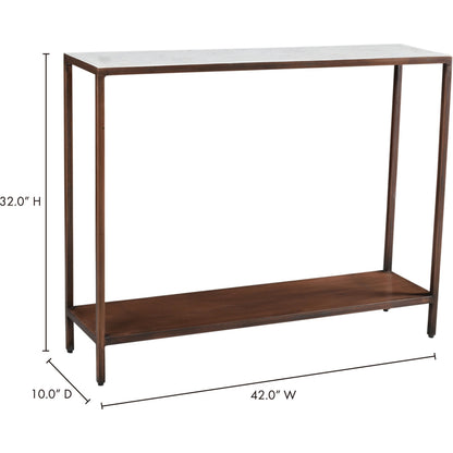Bottego Console Table by Moe's Home Collection in antique copper and matt lacquer, water-based stain. Made from marble, iron, metal in a modern style.