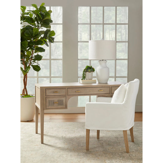 Drake Slipcover Arm Chair by Essentials For Living in white and natural gray oak. Made from solid oak wood, plywood in a modern style.
