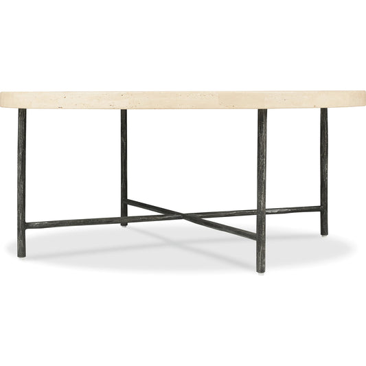 Driftwood Cocktail Table by Hooker Furniture in gray. Made from leather, west mushroom (semi-aniline top grain), stone, metal in a modern style.