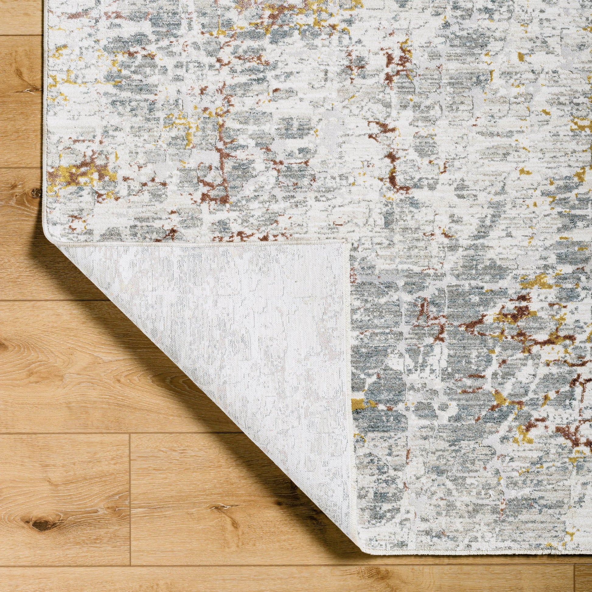 Dresden DRE-2315 Rug by Livabliss in white, gray, medium gray, light slate, mustard, rust. Made from face: 100% polyester, warp: 100% cotton 